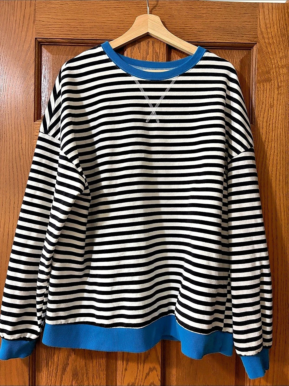 Striped Long Sleeve Sweatshirt in Black & White with Blue trim